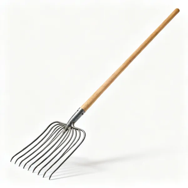 A muck fork with many long slender curved steel tines and a long wooden shaft
