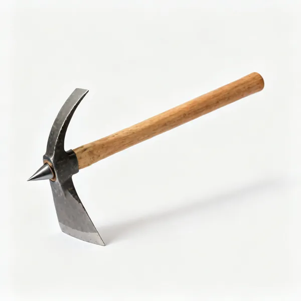 A pick mattock with a broad adze blade on one side and a sharp point on the other, wooden handle