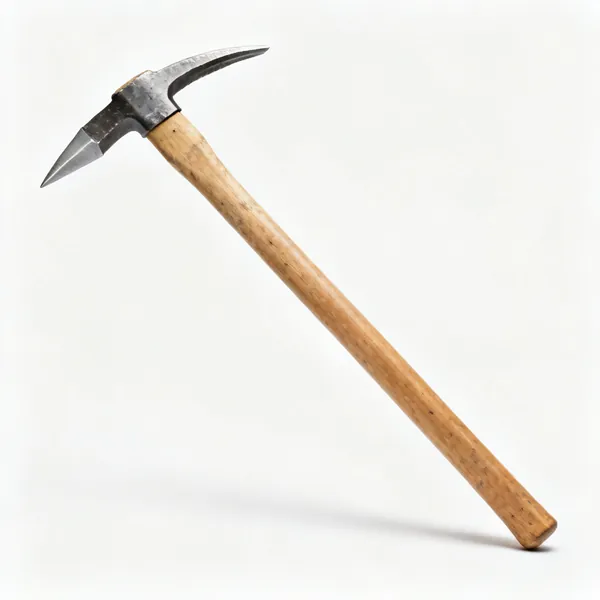 A pickaxe with a long wooden handle and a steel head with a point at one end and a chisel at the other