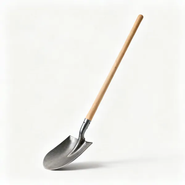 A drainage shovel with a long narrow curved steel blade and a long wooden shaft