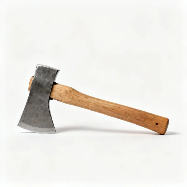 A heavy root axe with a short thick steel blade and a short wooden handle