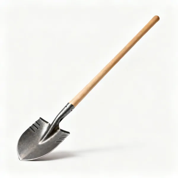 A round point shovel with a curved pointed steel blade with raised sides and a long wooden shaft