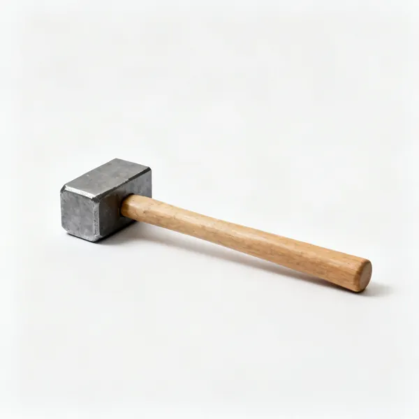 A sledgehammer with a heavy rectangular steel head and a long wooden handle