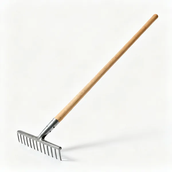 A garden soil rake with a straight steel head of short rigid tines and a long wooden shaft