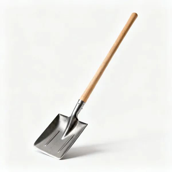 A square mouth shovel with a flat fronted steel blade with raised sides and a long wooden shaft
