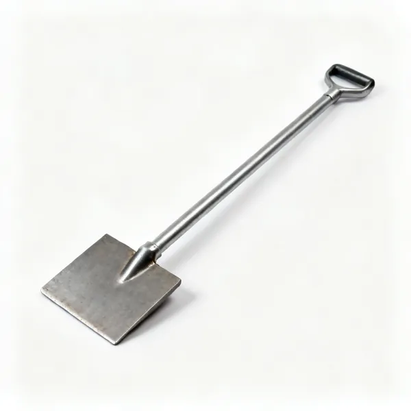 An earth tamper with a heavy square flat steel plate on a long straight metal shaft