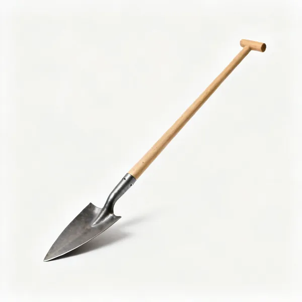 A trenching spade with a very narrow tapered steel blade and a long wooden shaft