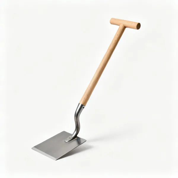 A turf lifter tool with a flat horizontal steel blade on a bent wooden shaft