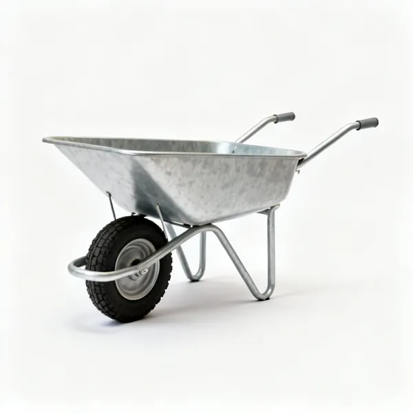 A metal wheelbarrow with a single pneumatic wheel, two tubular handles and two legs