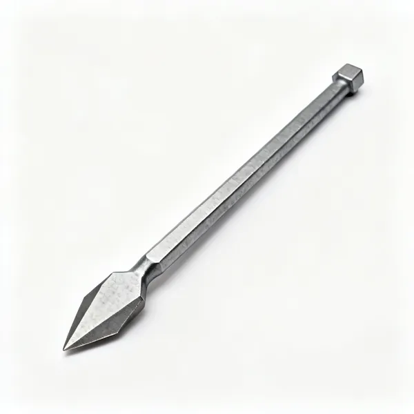 A hexagonal steel crow bar with a chisel shaped flattened end