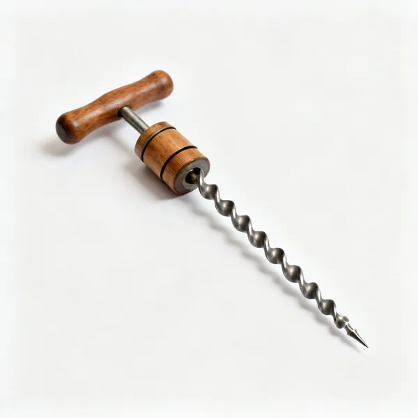 An archimedes drill with a long spiral twisted metal shaft and sliding wooden collar, fine drill point
