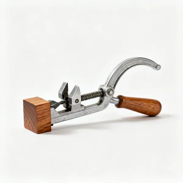 A carpenters bit brace with a wooden head and grip