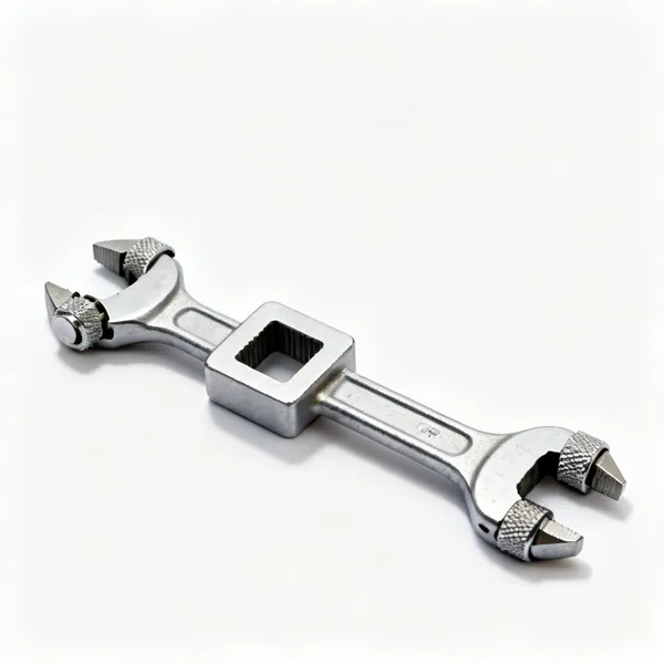 A double ended tap wrench with two knurled adjustable arms and a central square jaw