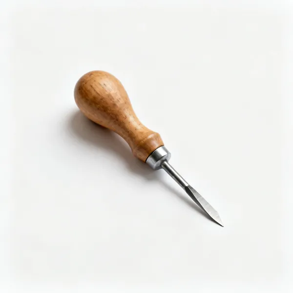 A bradawl with a wooden bulb handle and short flat chisel edged steel point
