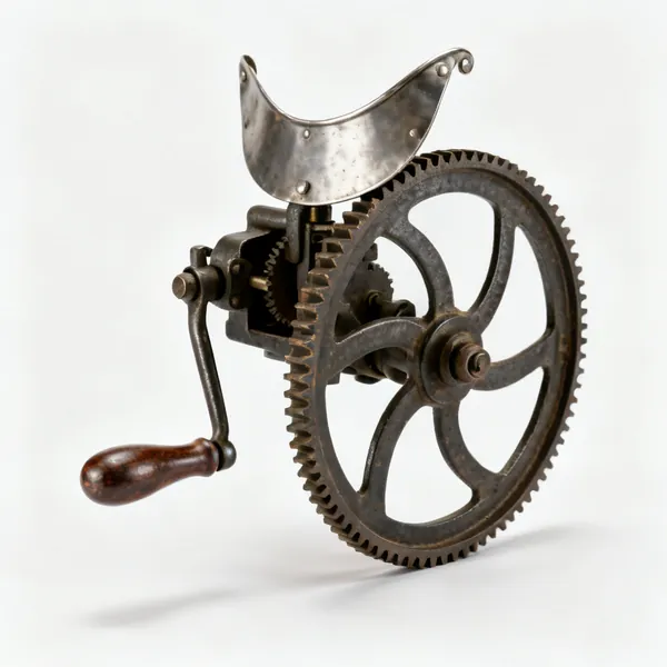 An antique breast drill with a curved steel breast plate at the top, side crank handle and large gear wheel