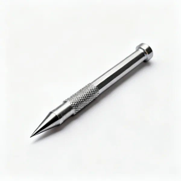 A steel centre punch with a knurled body and sharp conical hardened point