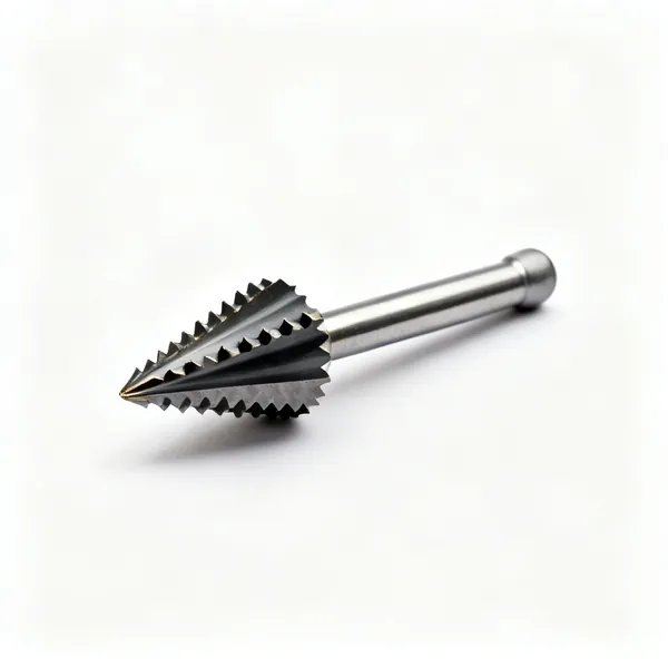 A rose countersink bit with a conical head covered in cutting teeth and a plain round shank
