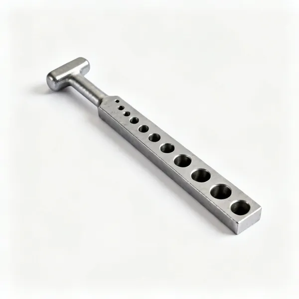 A hardened steel dowel plate with a row of graduated round holes of different sizes