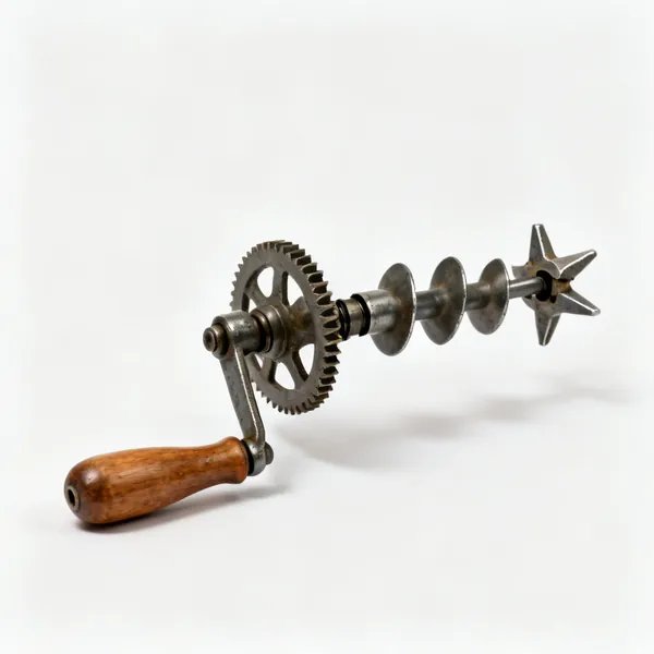 Eggbeater hand drill: A vintage eggbeater style hand drill with a wooden handle, side crank and metal gear wheel, three jaw chuck