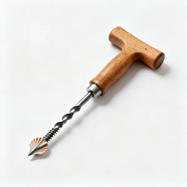 A gimlet hand boring tool with a wooden T handle and shell shaped cutter with a screw lead point