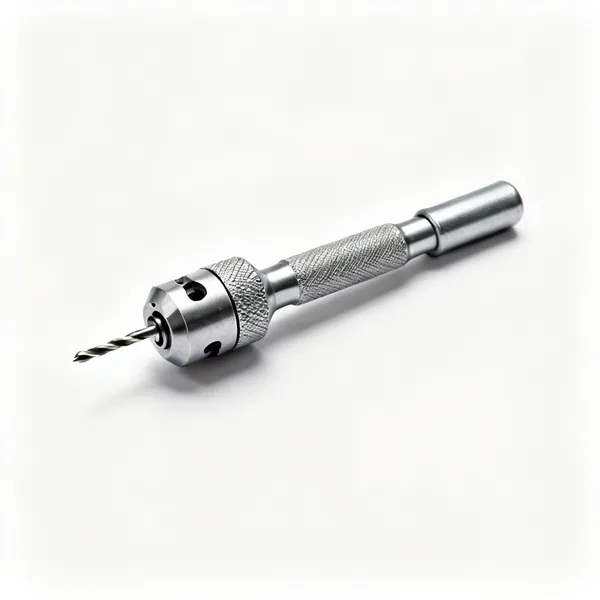 A pin vice hand drill holder with a knurled metal body and small collet chuck holding a fine drill bit