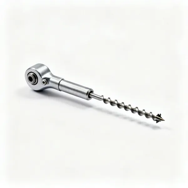 A push drill with a spiral ratchet shaft, cylindrical handle and small fluted drill point