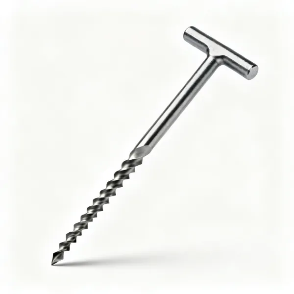 A taper reamer with a T handle and long steeply tapered fluted blade
