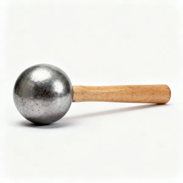 A steel ball pein hammer with a rounded pein and a wooden handle