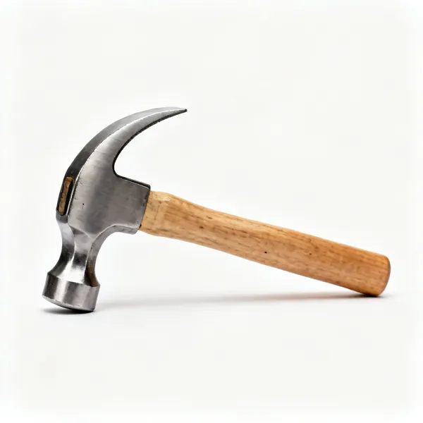 A claw hammer with a steel head, curved claw and a wooden handle