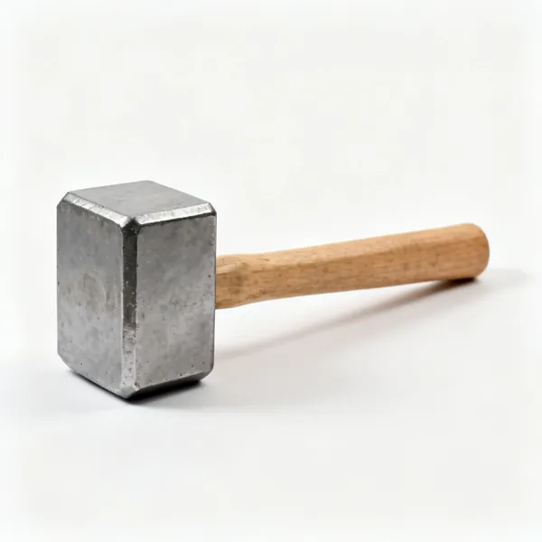 A steel club hammer with a heavy square head and a short wooden handle