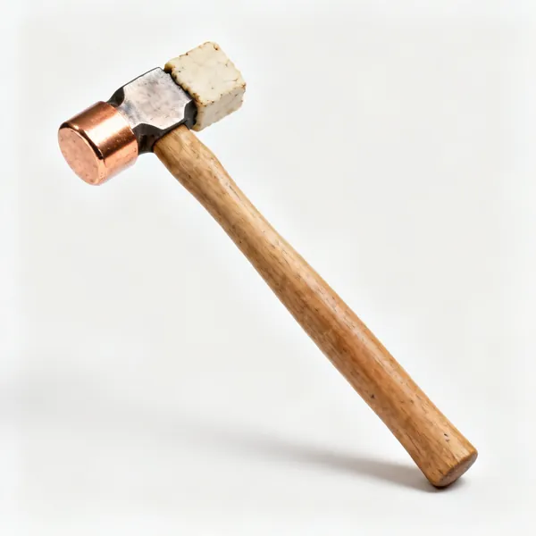 Copper and hide hammer: A hammer with one copper face and one rawhide face on a wooden handle