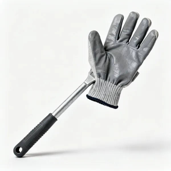 A pair of grey work gloves with coated palms and knitted cuffs