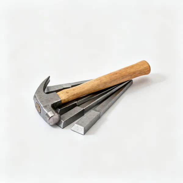 A small group of steel and wooden hammer handle wedges arranged in a tight cluster with clear space at every edge