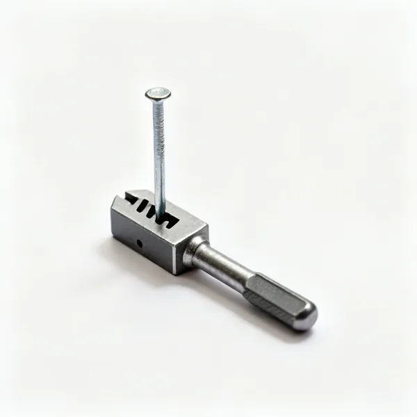 A small magnetic nail holder tool with a slotted head holding a nail upright