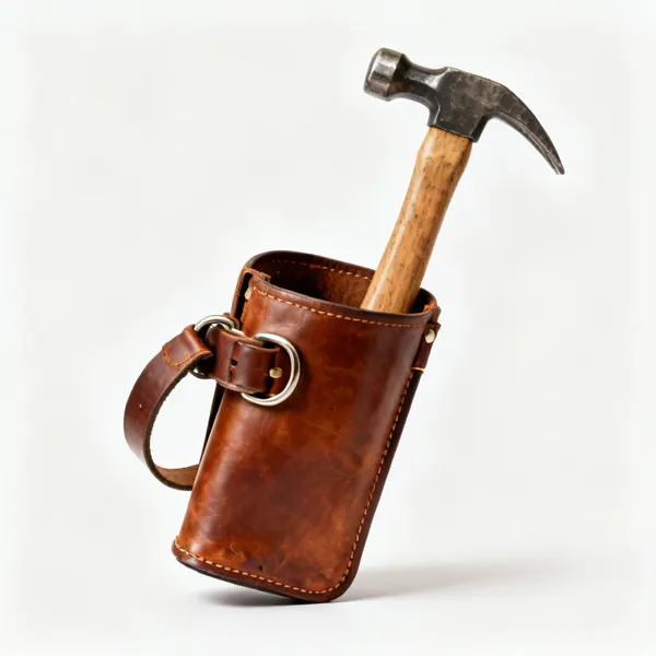 A leather nail bag tool pouch with a hammer loop on a belt