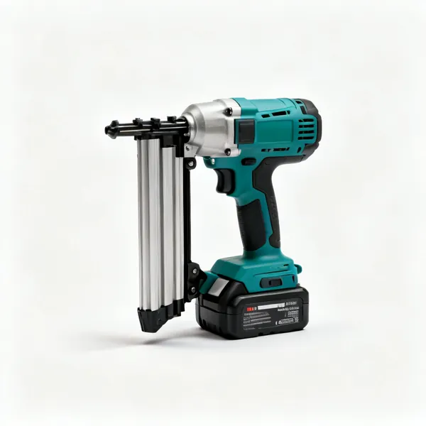A cordless finish nail gun with a magazine and a battery
