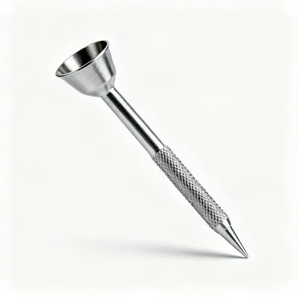 A steel nail punch with a cupped tip and a knurled body