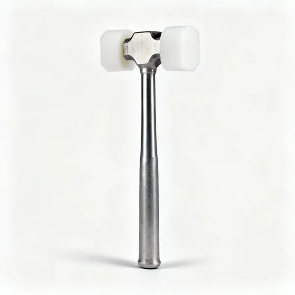 Nylon faced hammer: A hammer with two white replaceable nylon faces and a steel body