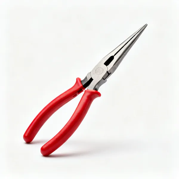 A pair of long nose pliers with red insulated handles