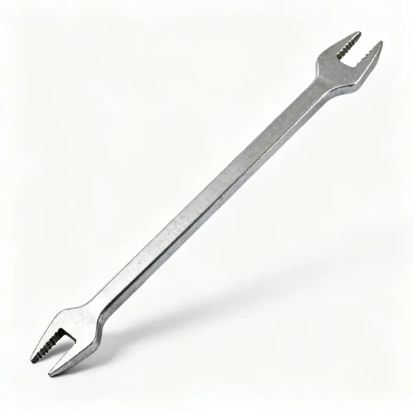 A flat steel pry bar with a nail slot at each end