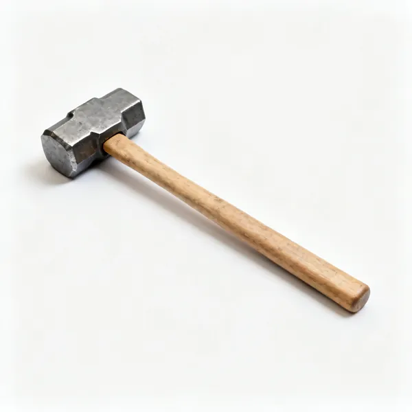 A long handled sledgehammer with a heavy double faced steel head