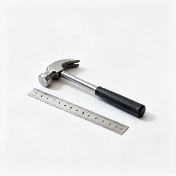 A very small pein hammer with a slim handle beside a ruler for scale