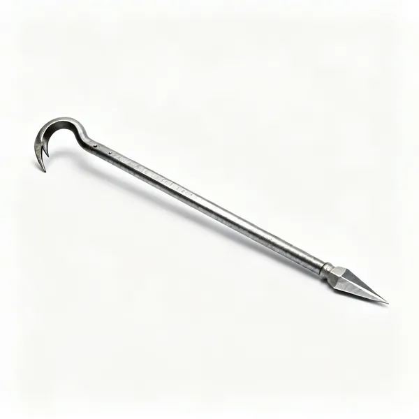 A long steel wrecking bar with a hooked claw at one end and a chisel at the other