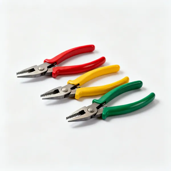 Aviation snips set: A set of three aviation tin snips with red yellow and green handles and short serrated jaws