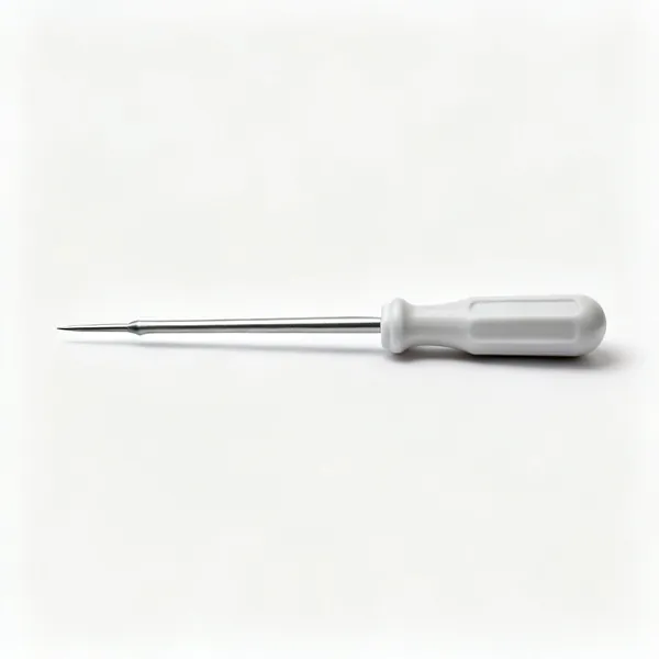 A scratch awl with a long round tapered steel point and a moulded plastic handle