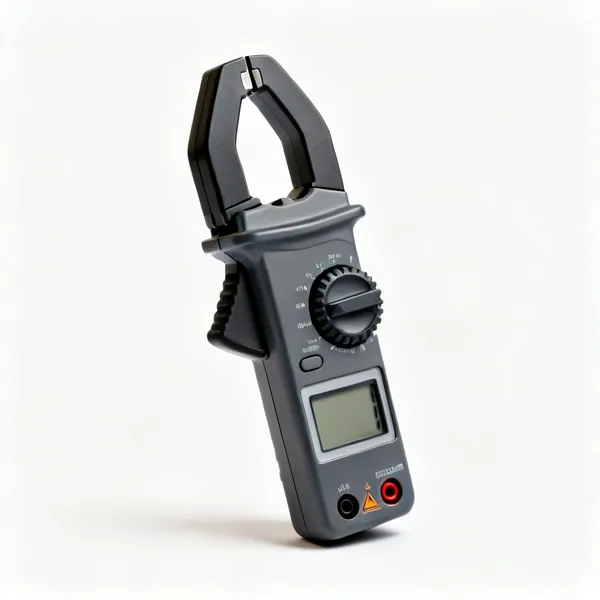 A digital clamp meter with a hinged jaw, LCD display and rotary dial