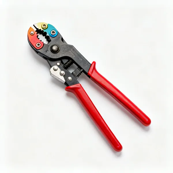 A pair of ratchet crimping pliers with coloured die jaws and long red handles
