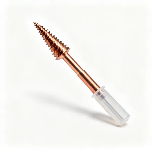 A copper pipe deburring reamer tool with a conical fluted blade and a plastic handle