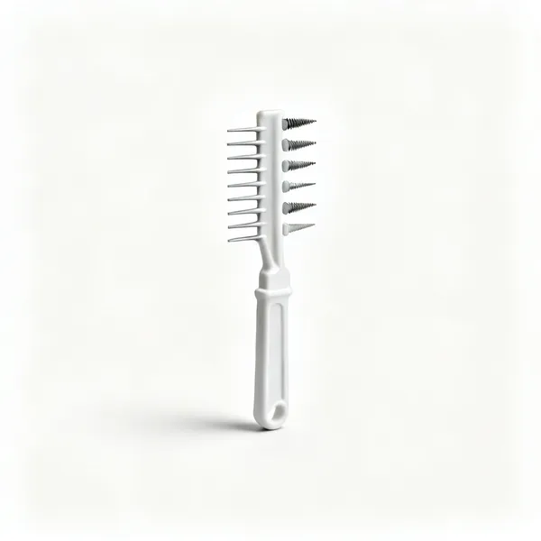 An hvac fin comb tool with several different pitch comb heads on a plastic handle