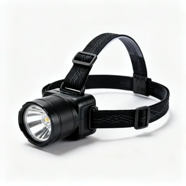 A black LED head torch with an adjustable elastic headband